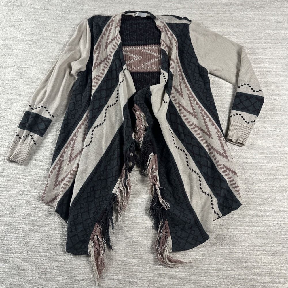 Boho Western Southwestern Duster Cardigan Aztec Fringe Open Front Long Sweater S